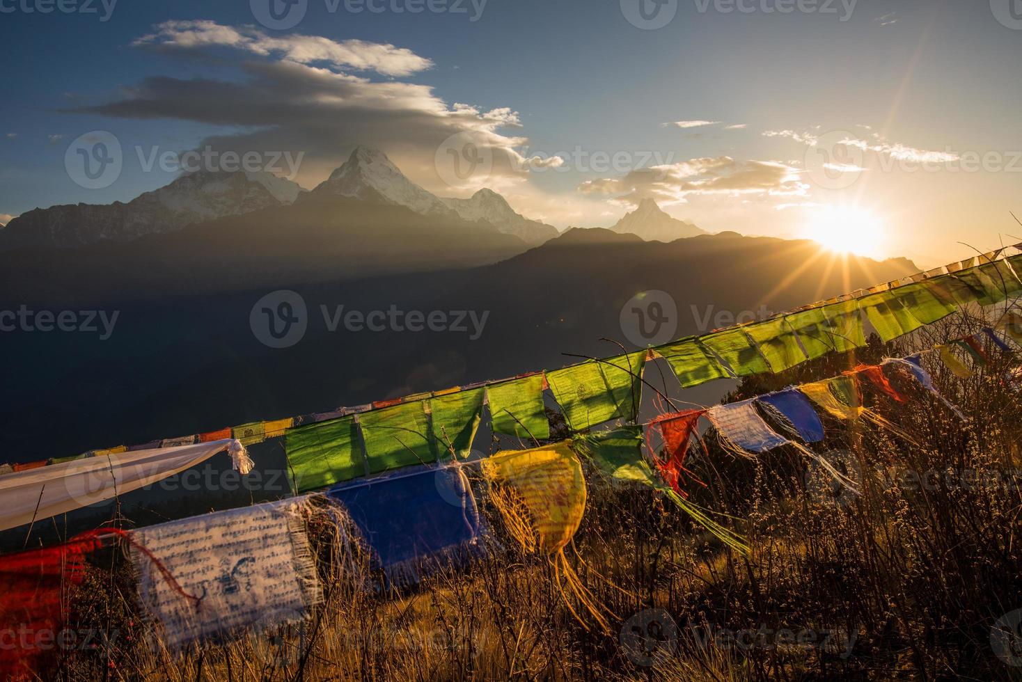 The beautiful spectacular landscape of Annapurna mountains range view from the top of Poon Hill peak in Nepal. photo