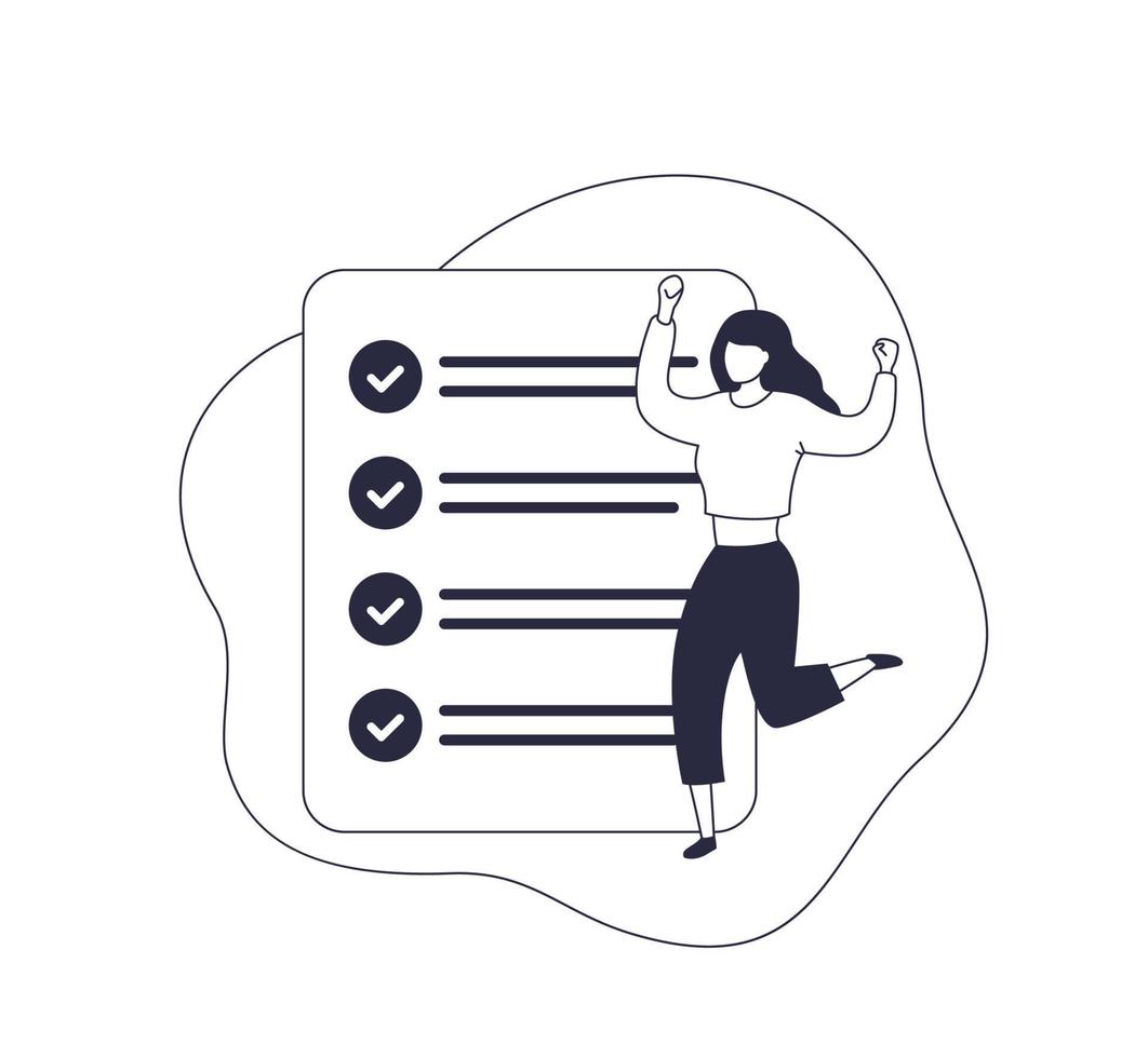 completed task, to do list, minimal vector illustration with woman and checklist