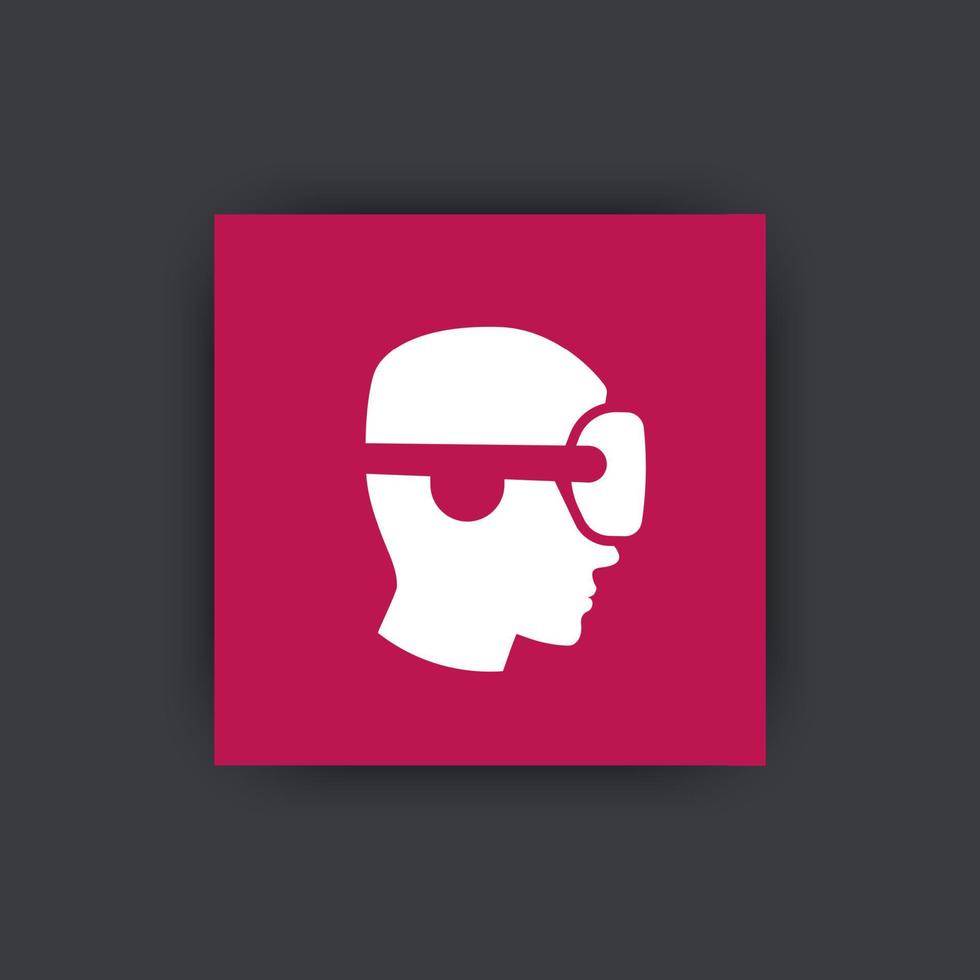 VR helmet icon, man in profile in virtual reality glasses, vr pictogram, virtual reality headset icon on square, vector illustration