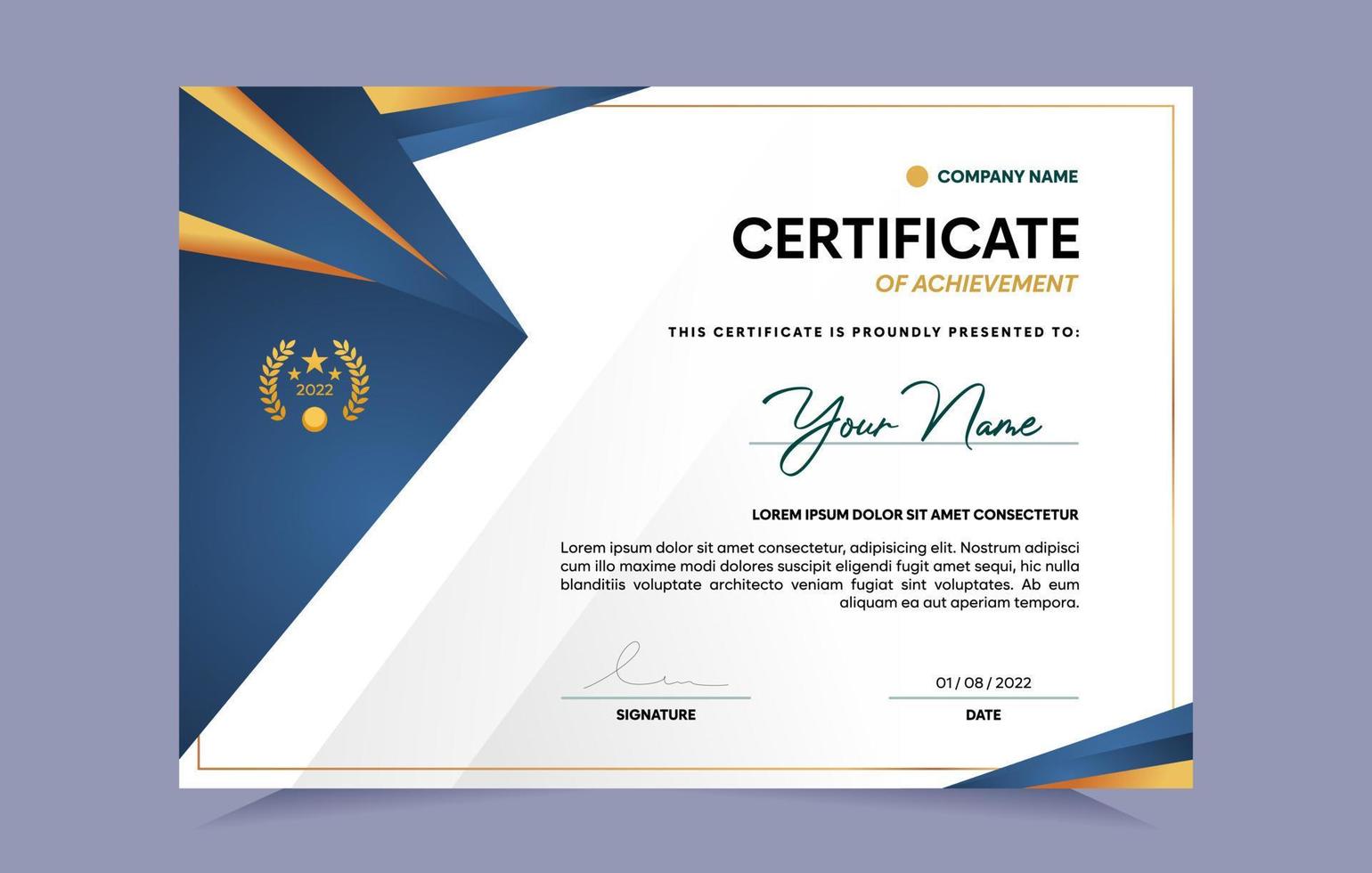 Blue and gold certificate of achievement template set with gold badge and border. For award, business, and education needs. Vector Illustration