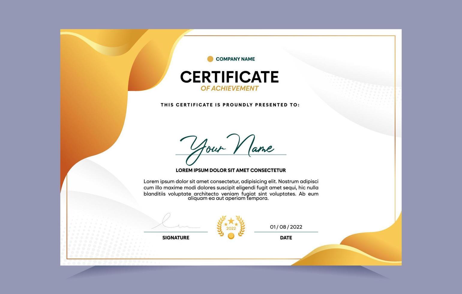 Gold certificate of achievement template set with gold badge and border. For award, business, and education needs. Vector Illustration