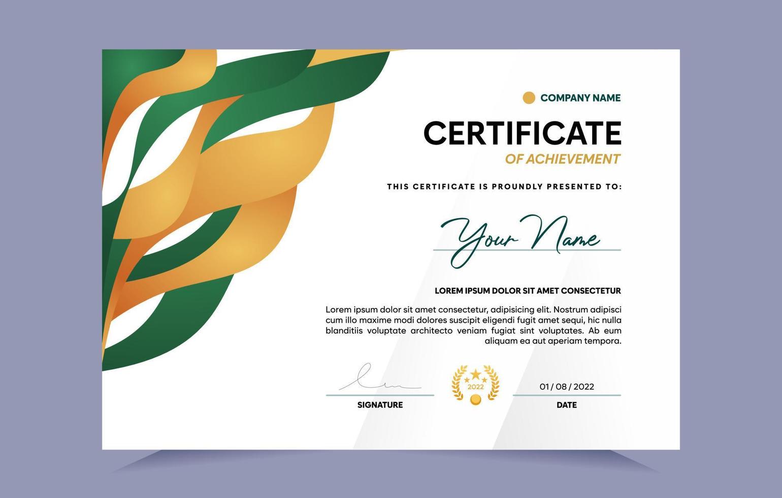 Green and gold certificate of achievement template set with gold badge. For award, business, and education needs. Vector Illustration