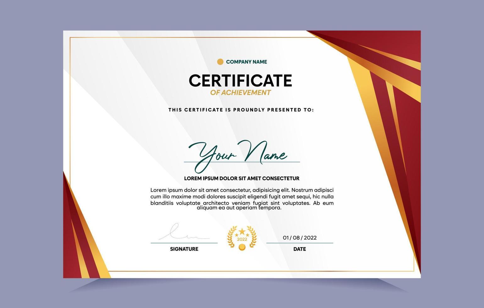 Red and gold certificate of achievement template set with gold badge and border. For award, business, and education needs. Vector Illustration
