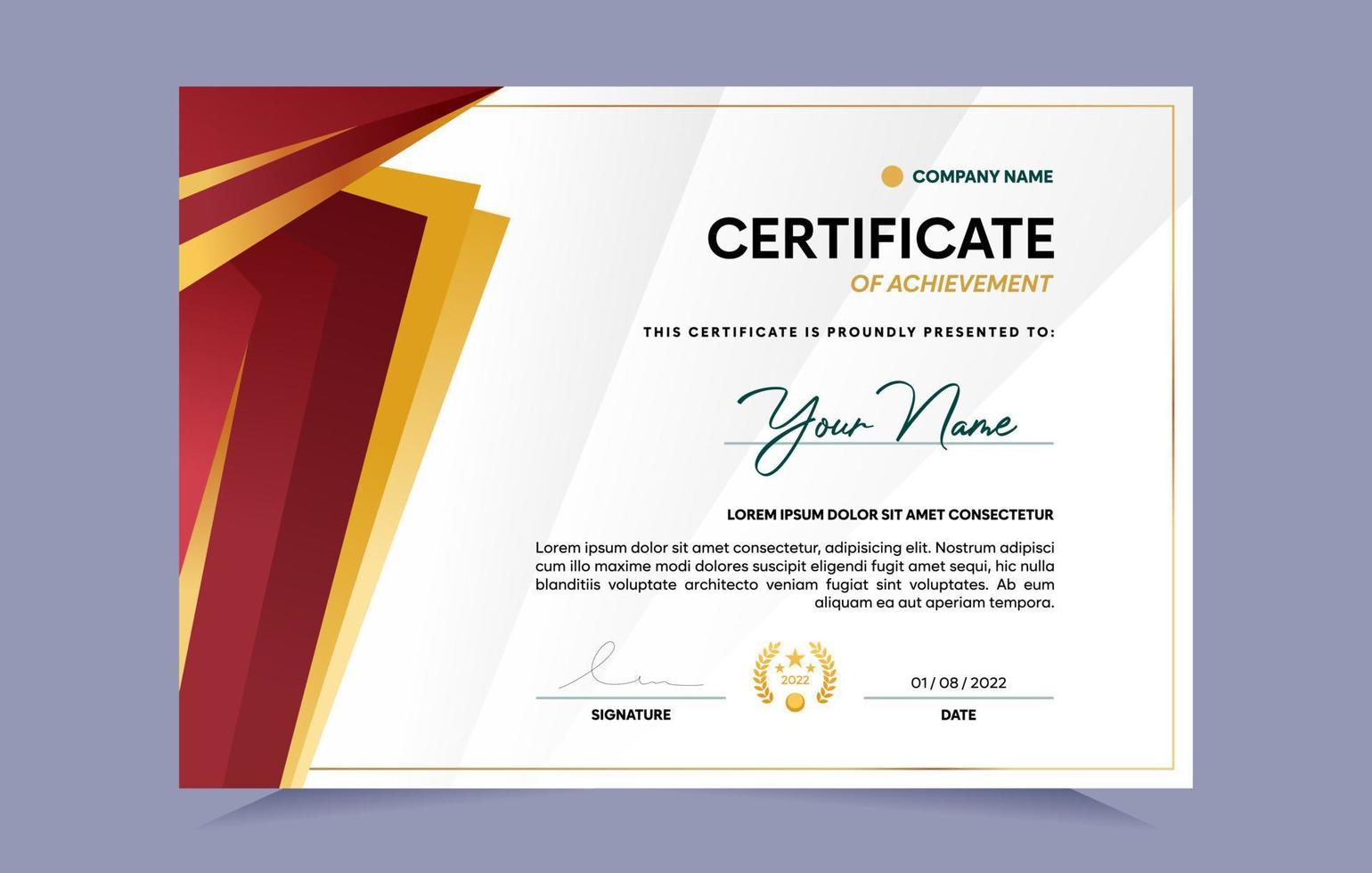 Red and gold certificate of achievement template set with gold badge and border. For award, business, and education needs. Vector Illustration