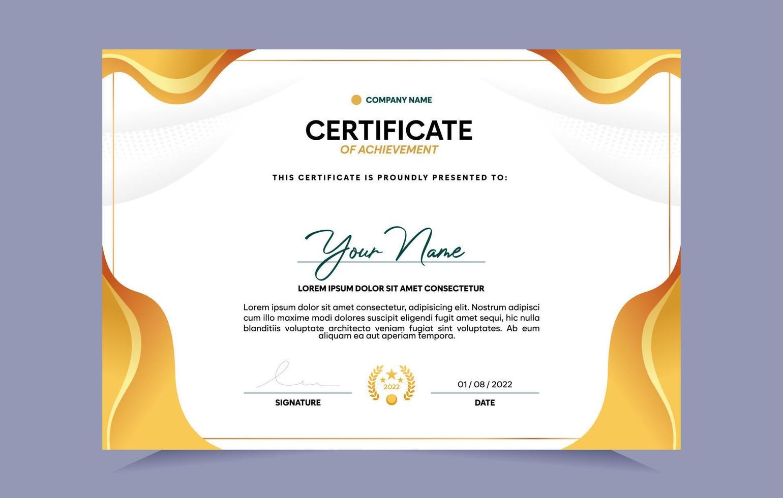 plantilla de certificado de logro de oro con insignia de oro y borde. para premios, negocios y necesidades educativas. ilustración vectorial vector