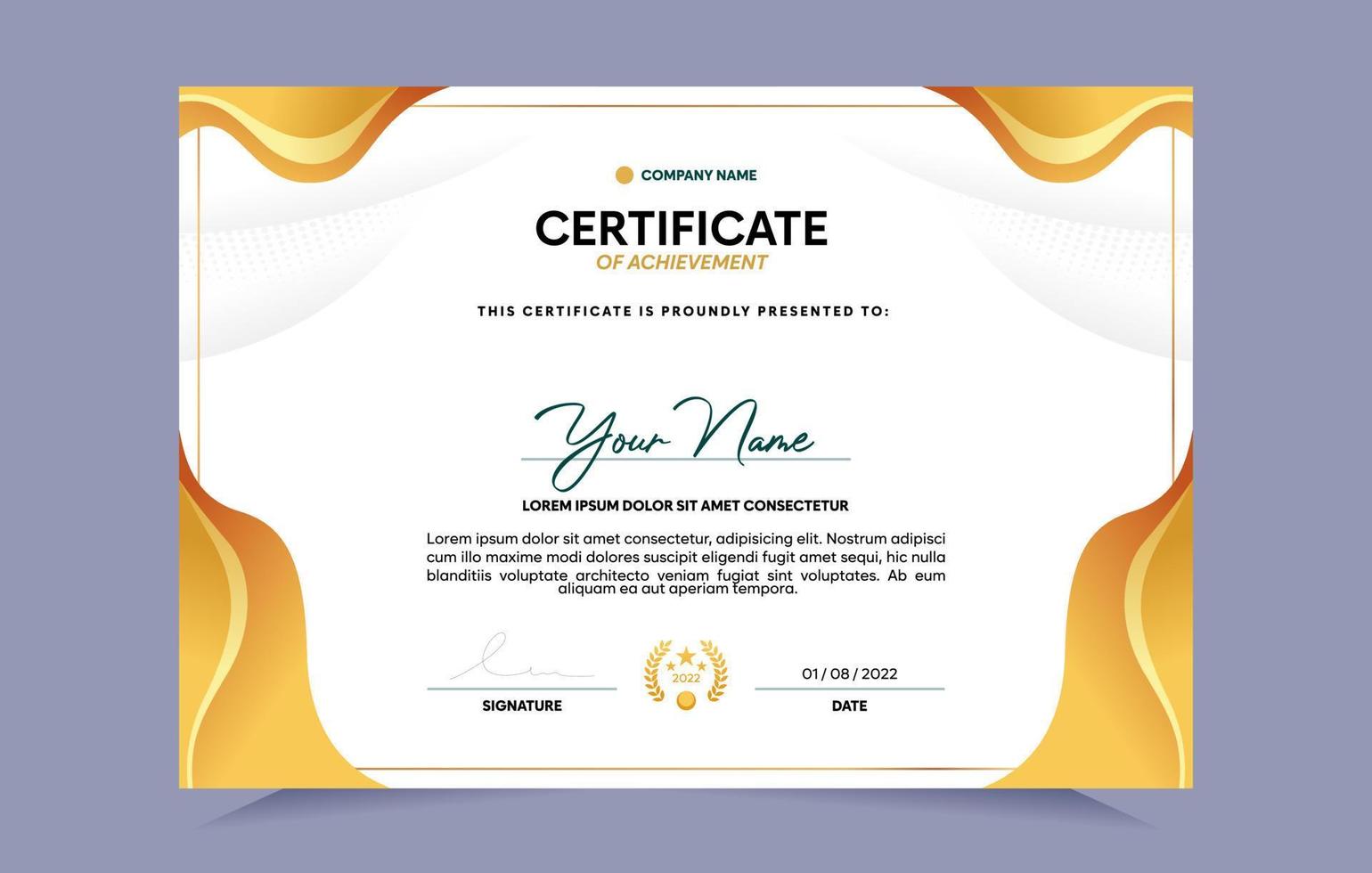 Gold certificate of achievement template set with gold badge and border. For award, business, and education needs. Vector Illustration