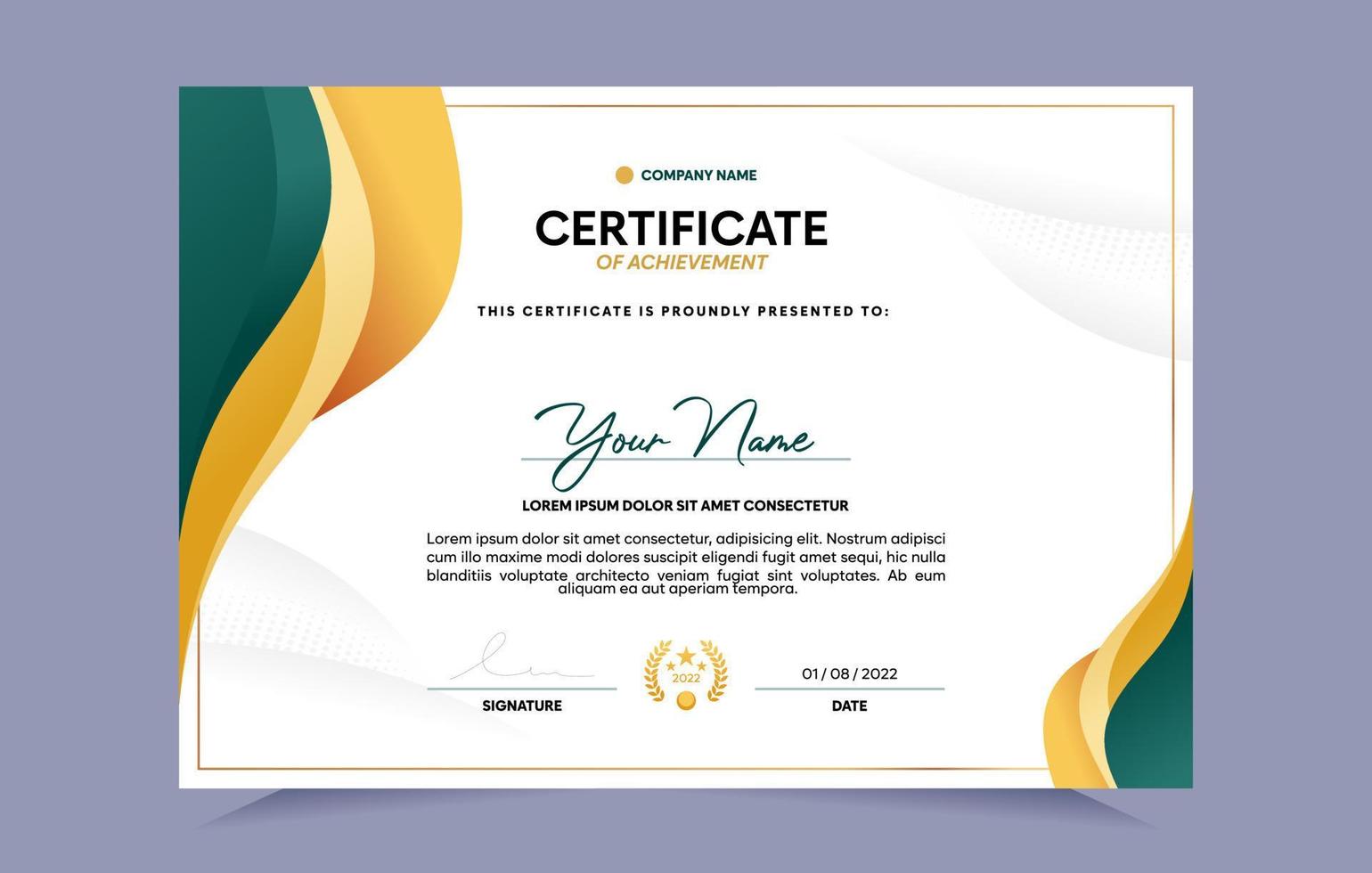 Green and gold certificate of achievement template set with gold badge and border. For award, business, and education needs. Vector Illustration