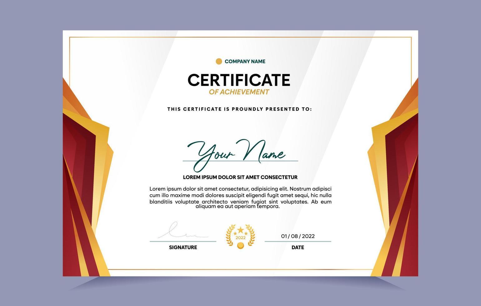 Red and gold certificate of achievement template set with gold badge and border. For award, business, and education needs. Vector Illustration