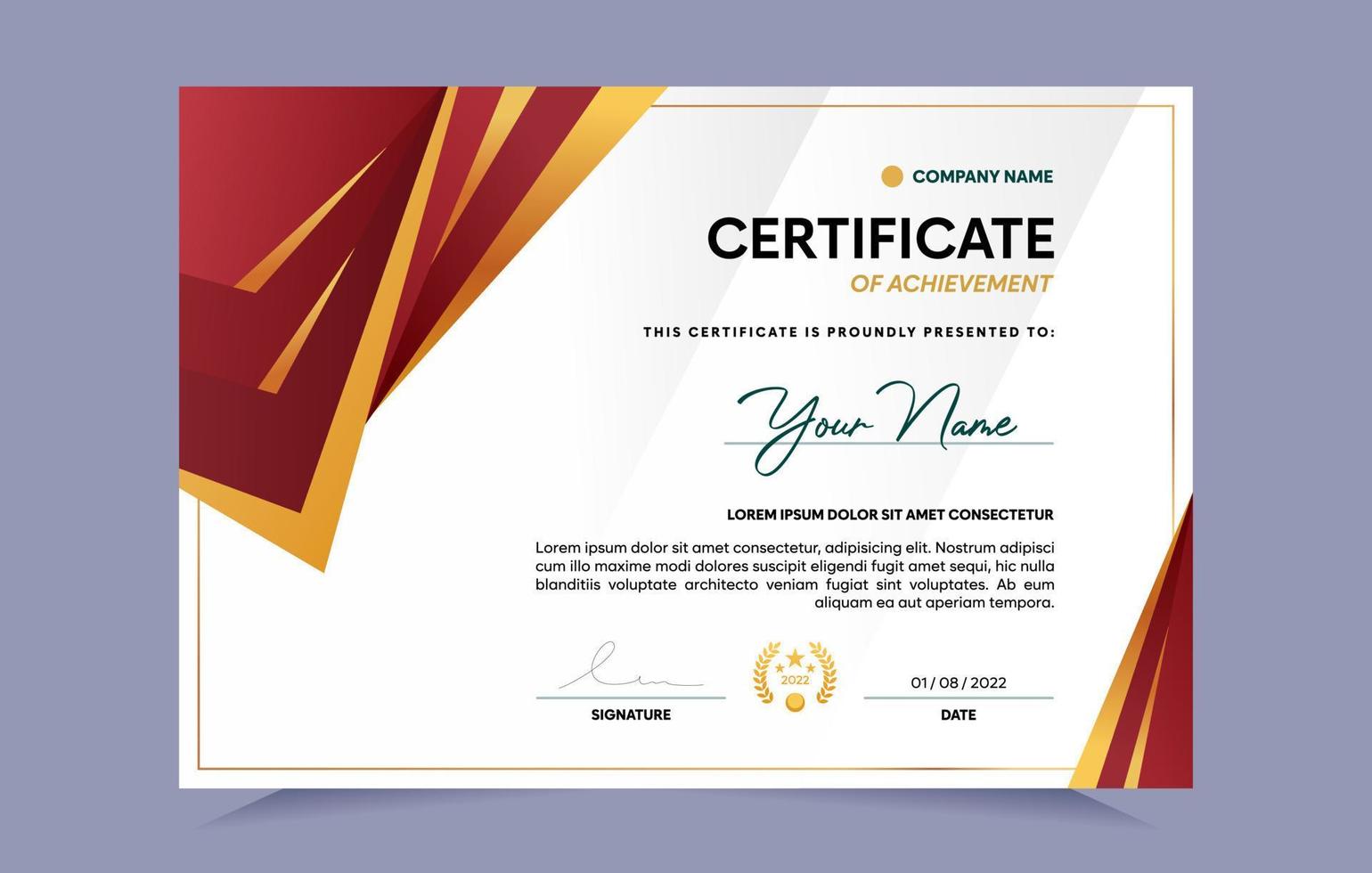 Red and gold certificate of achievement template set with gold badge and border. For award, business, and education needs. Vector Illustration