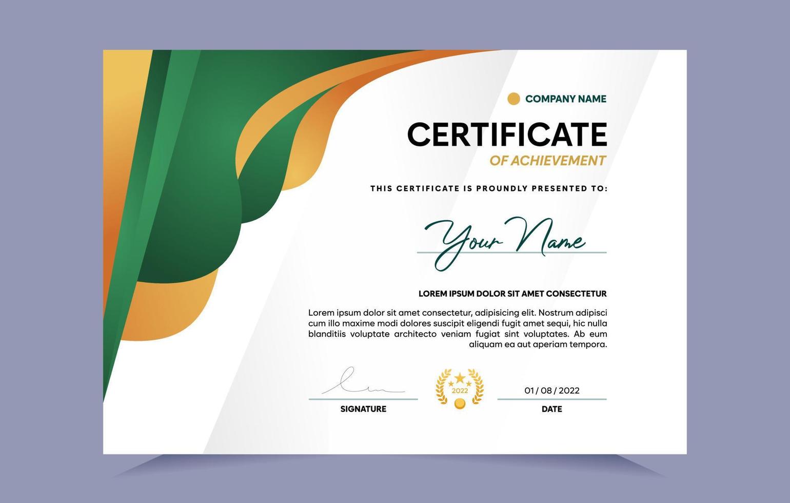 Green and gold certificate of achievement template set with gold badge. For award, business, and education needs. Vector Illustration