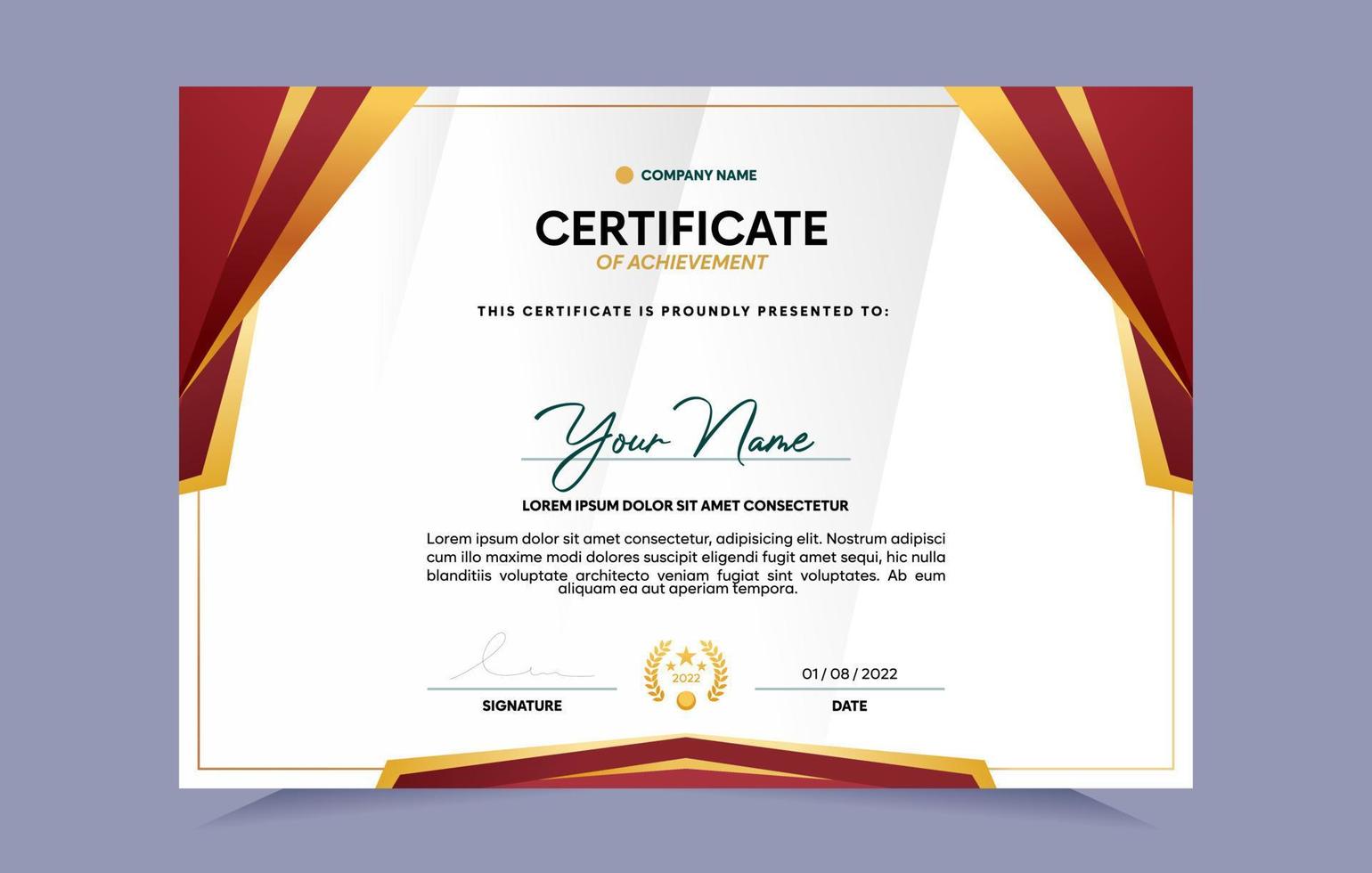 Red and gold certificate of achievement template set with gold badge and border. For award, business, and education needs. Vector Illustration