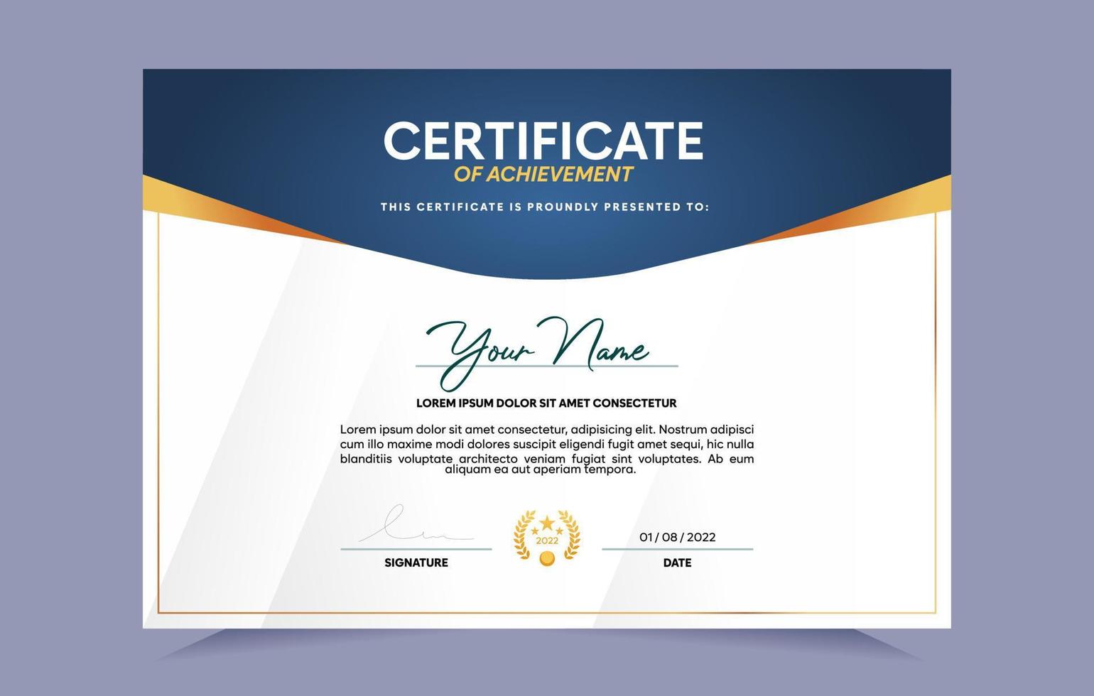 Blue and gold certificate of achievement template set with gold badge and border. For award, business, and education needs. Vector Illustration