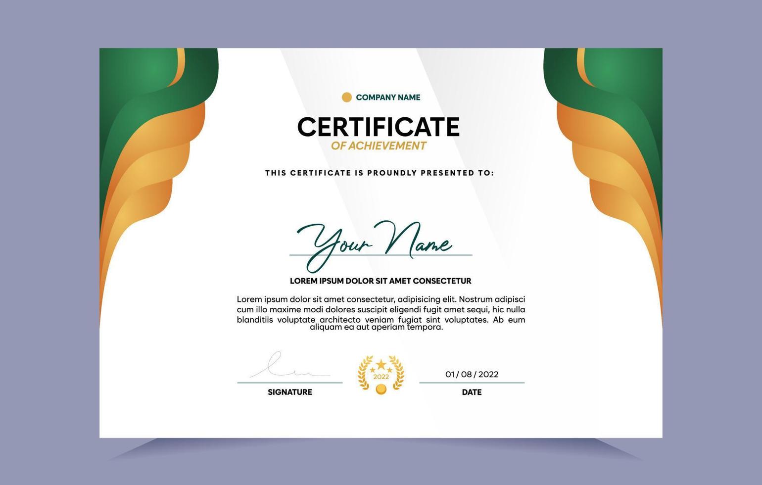 Green and gold certificate of achievement template set with gold badge. For award, business, and education needs. Vector Illustration