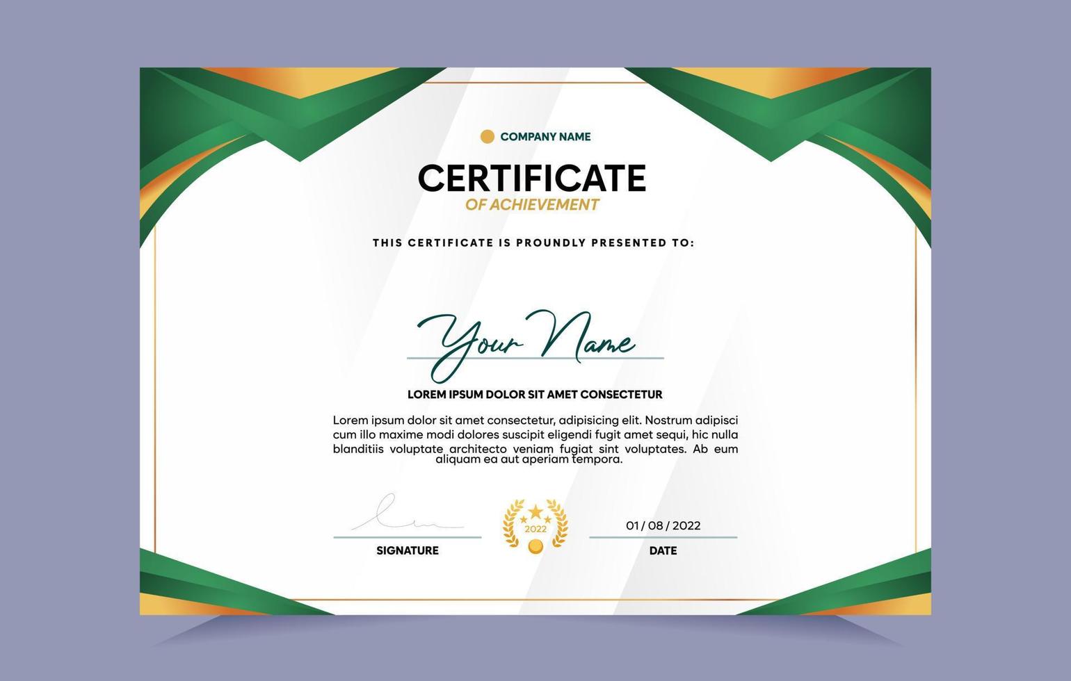 Green and gold certificate of achievement template set with gold badge and border. For award, business, and education needs. Vector Illustration