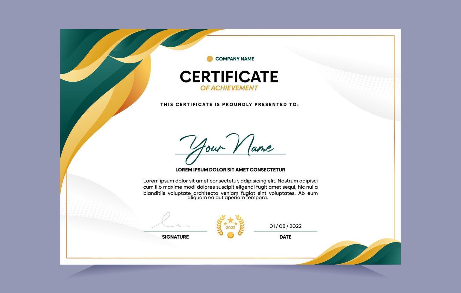 Green and gold certificate of achievement template set with gold badge and border. For award, business, and education needs. Vector Illustration