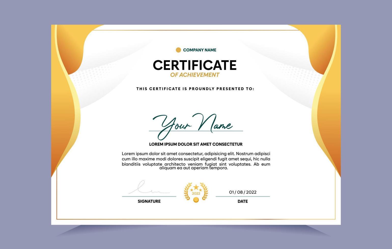 Gold certificate of achievement template set with gold badge and border. For award, business, and education needs. Vector Illustration