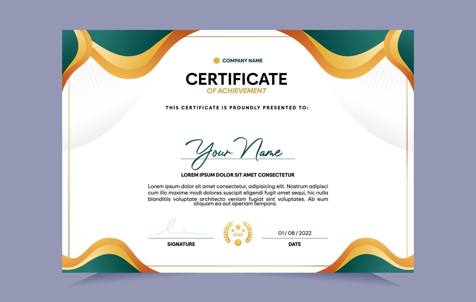 Green and gold certificate of achievement template set with gold badge and border. For award, business, and education needs. Vector Illustration