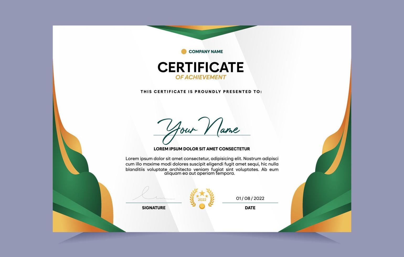 Green and gold certificate of achievement template set with gold badge. For award, business, and education needs. Vector Illustration