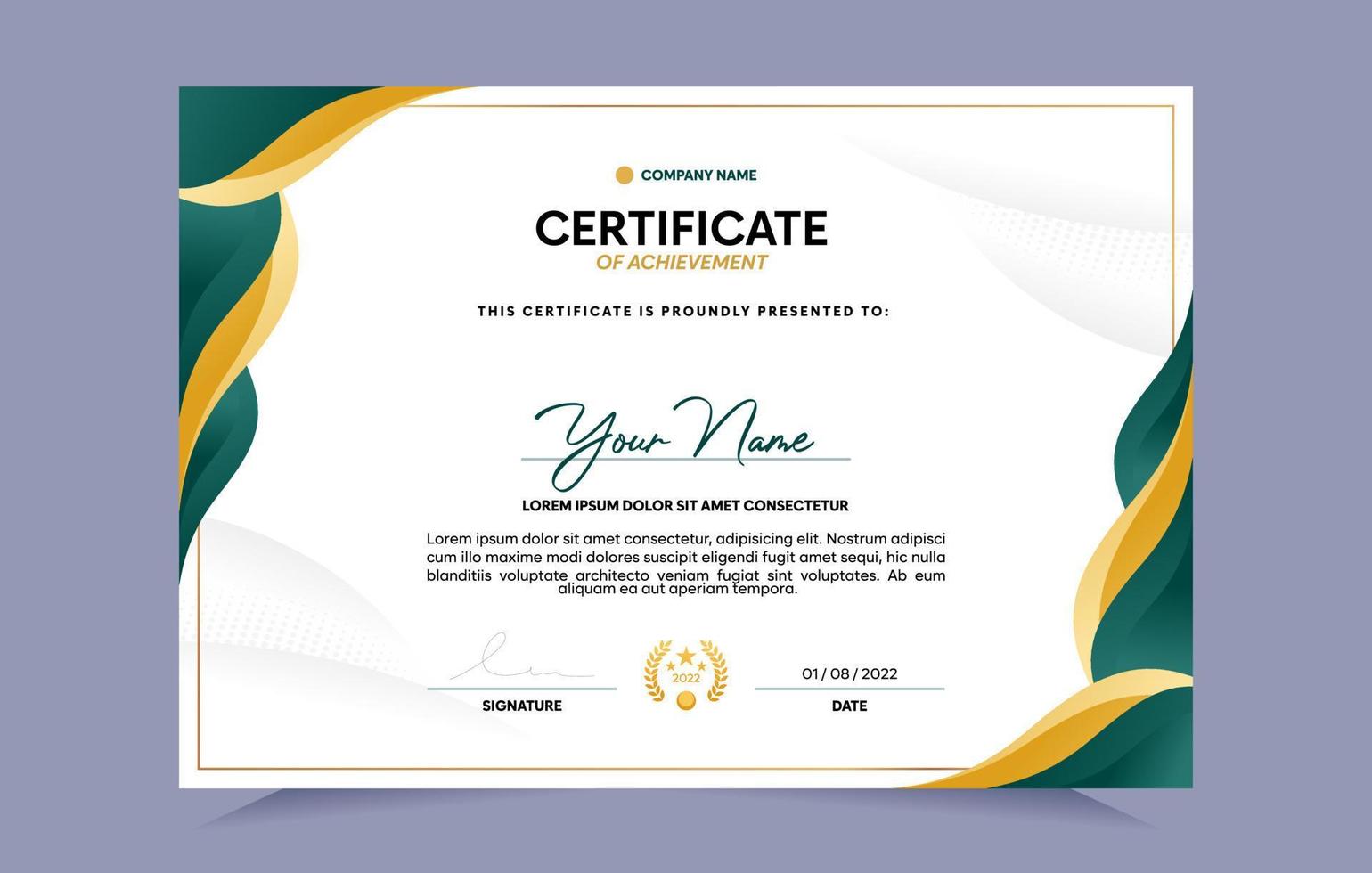 Green and gold certificate of achievement template set with gold badge and border. For award, business, and education needs. Vector Illustration