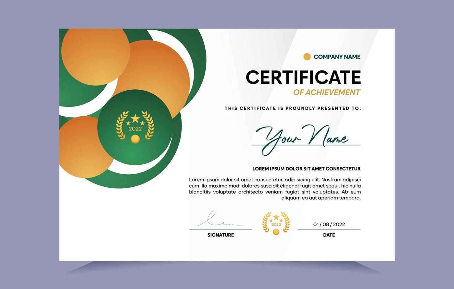 Green and gold certificate of achievement template set with gold badge. For award, business, and education needs. Vector Illustration