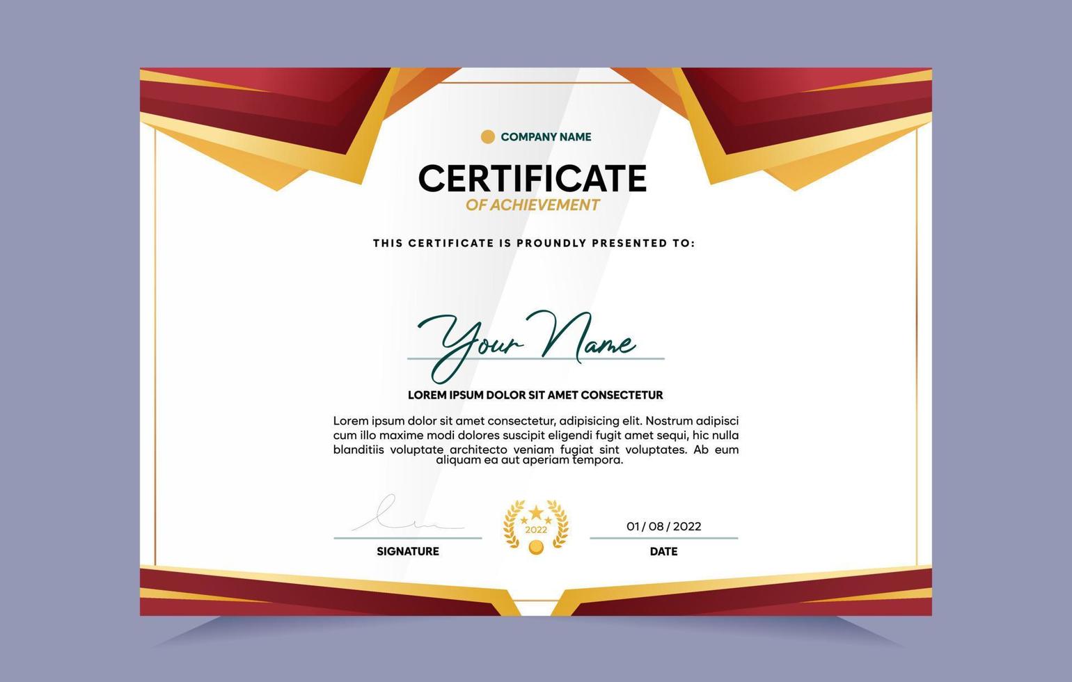 Red and gold certificate of achievement template set with gold badge and border. For award, business, and education needs. Vector Illustration