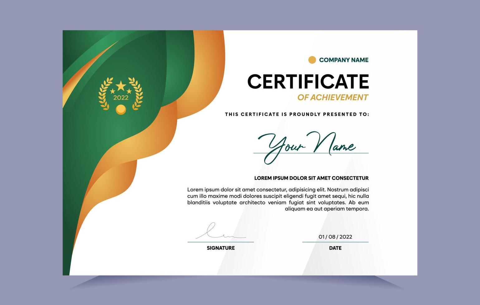 Green and gold certificate of achievement template set with gold badge. For award, business, and education needs. Vector Illustration