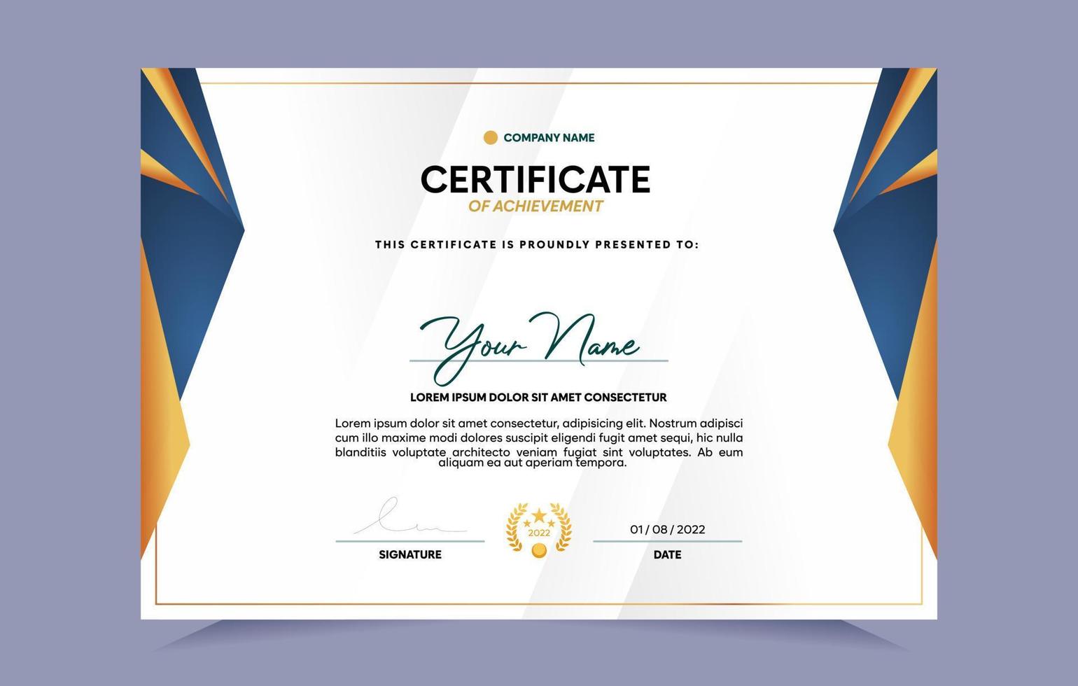 Blue and gold certificate of achievement template set with gold badge and border. For award, business, and education needs. Vector Illustration