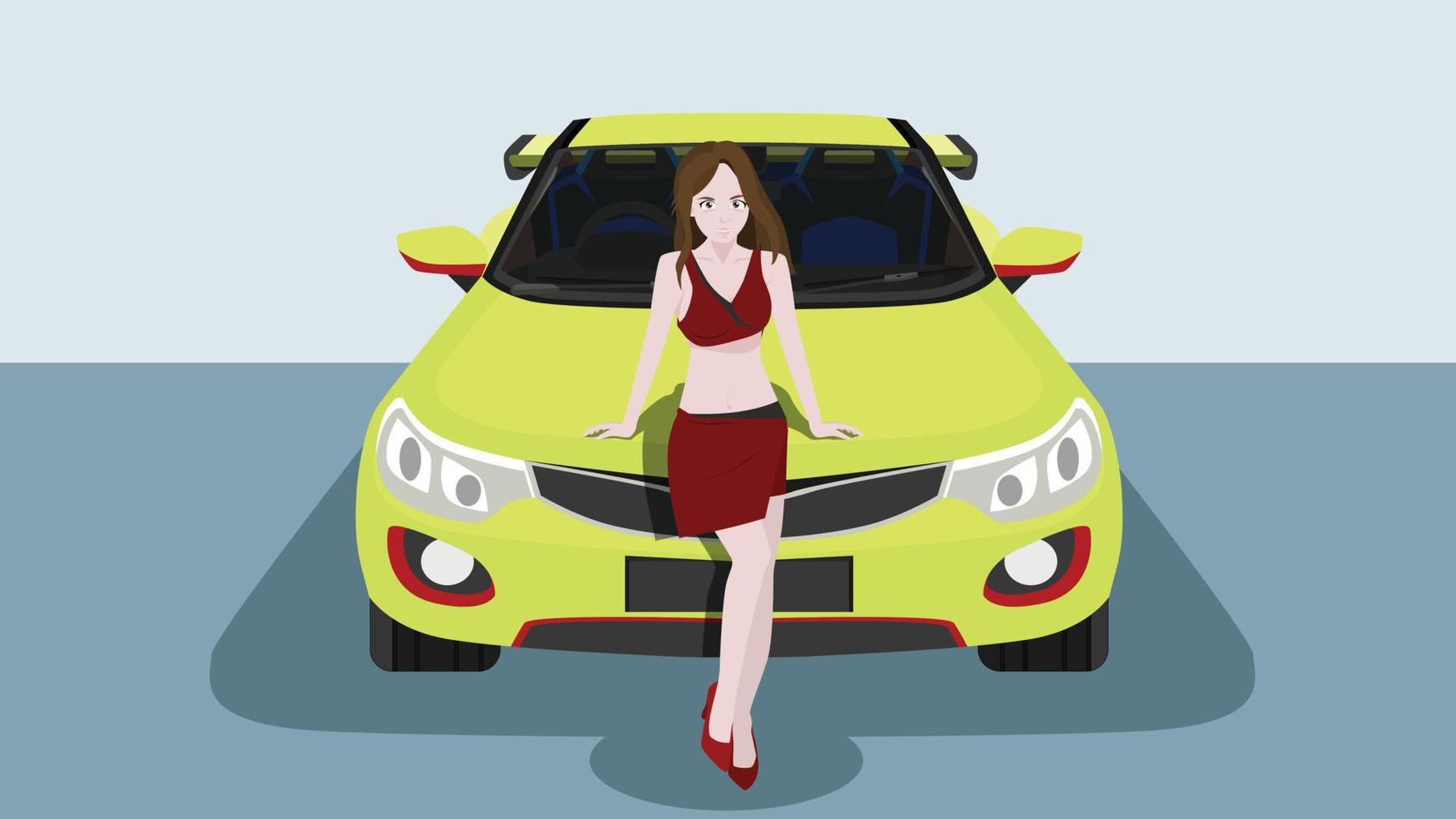 Vector or Illustration of Pretty girl standing front of sport yellow car. Inside car visible interior version. with background of in the show room.