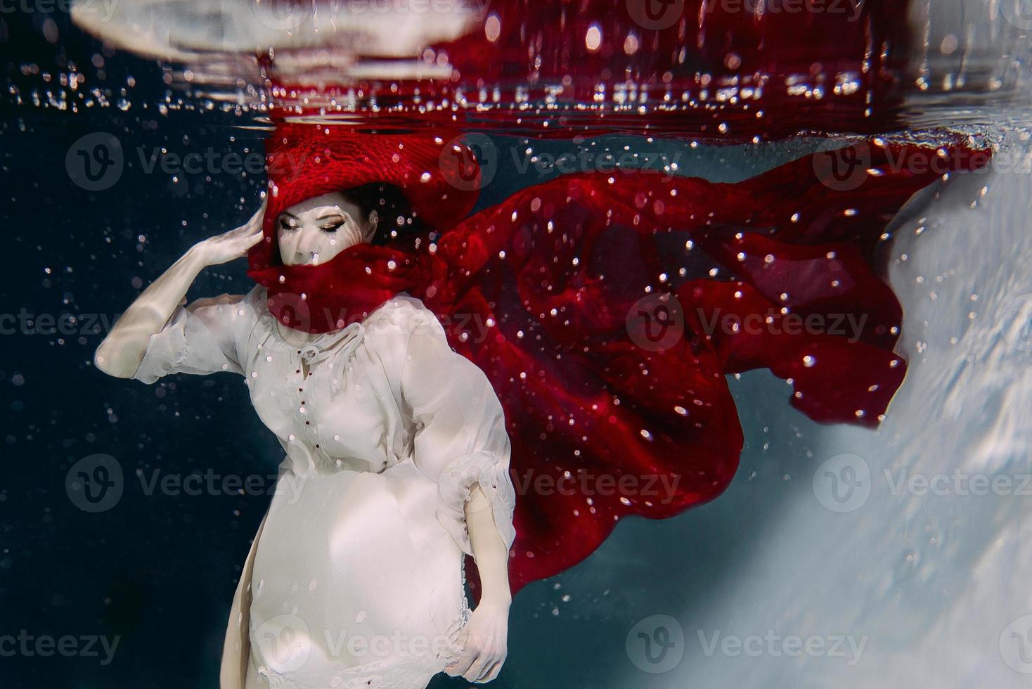 Woman in red hat and red scarf underwater photo