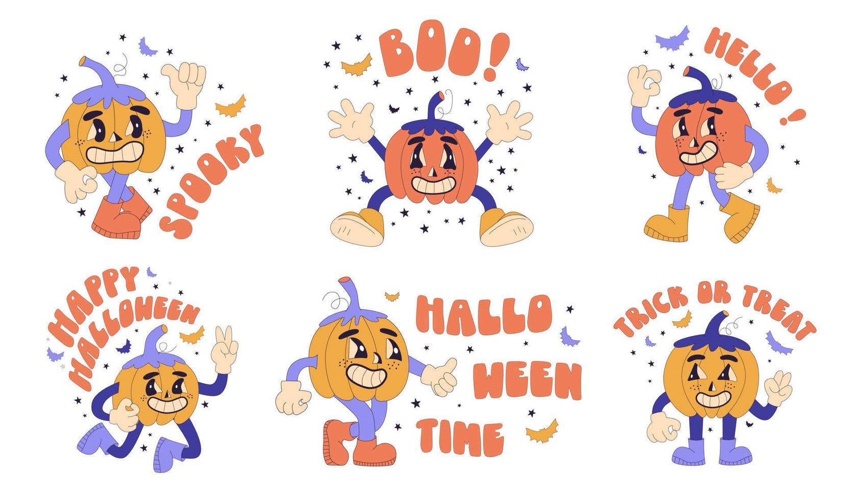 Collection of Halloween lettering with hand drawn holiday pumpkins characters. Festive colorful inscriptions. Set of vector comic illustrations with pumpkins in trendy retro cartoon style.