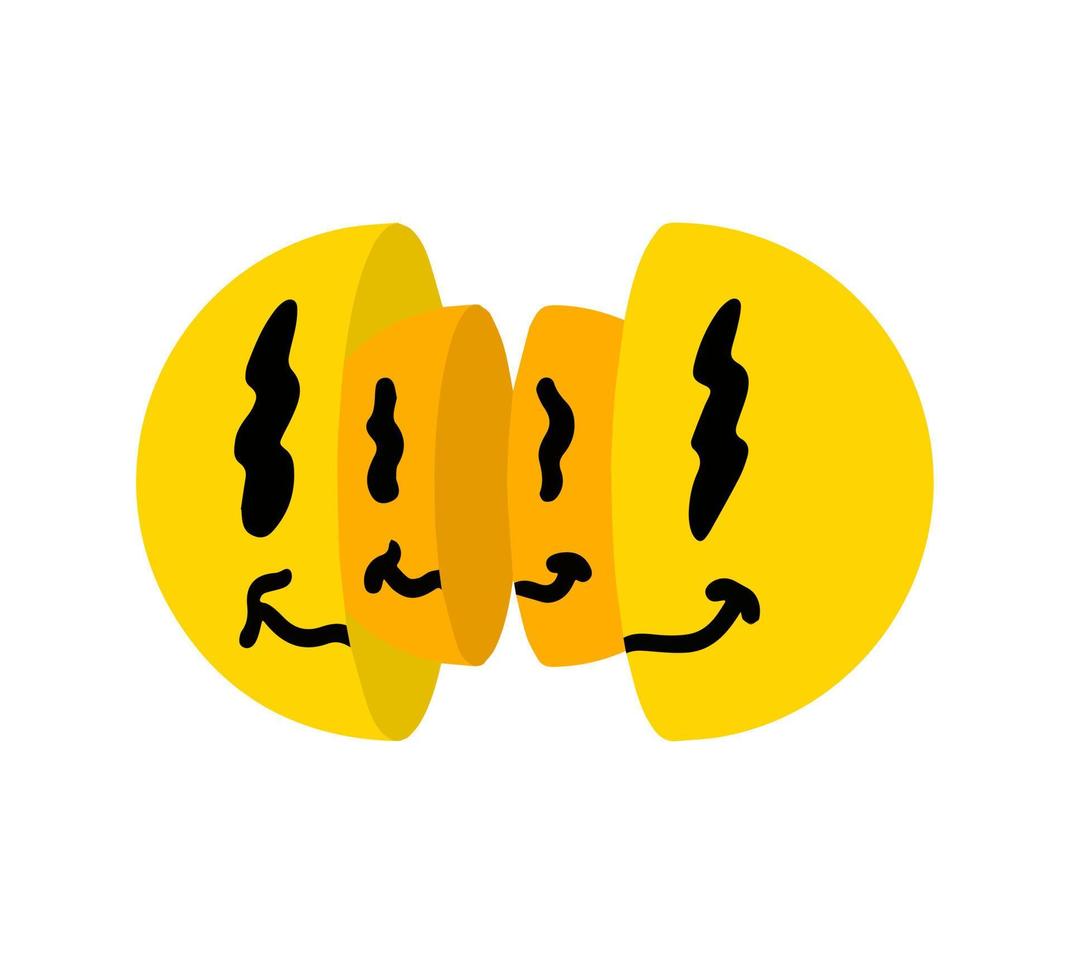 Acid smile face. Retro symbol of rave and techno. Melted trippy character. Comic funky yellow sticker. vector