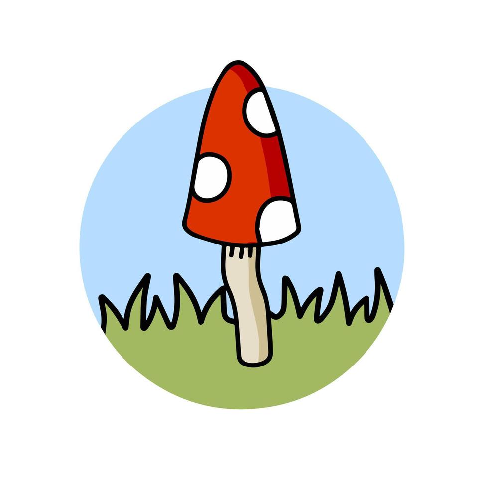 Mushroom logo in a circle with red cap. Fly agaric on the green grass. Natural scenery. vector