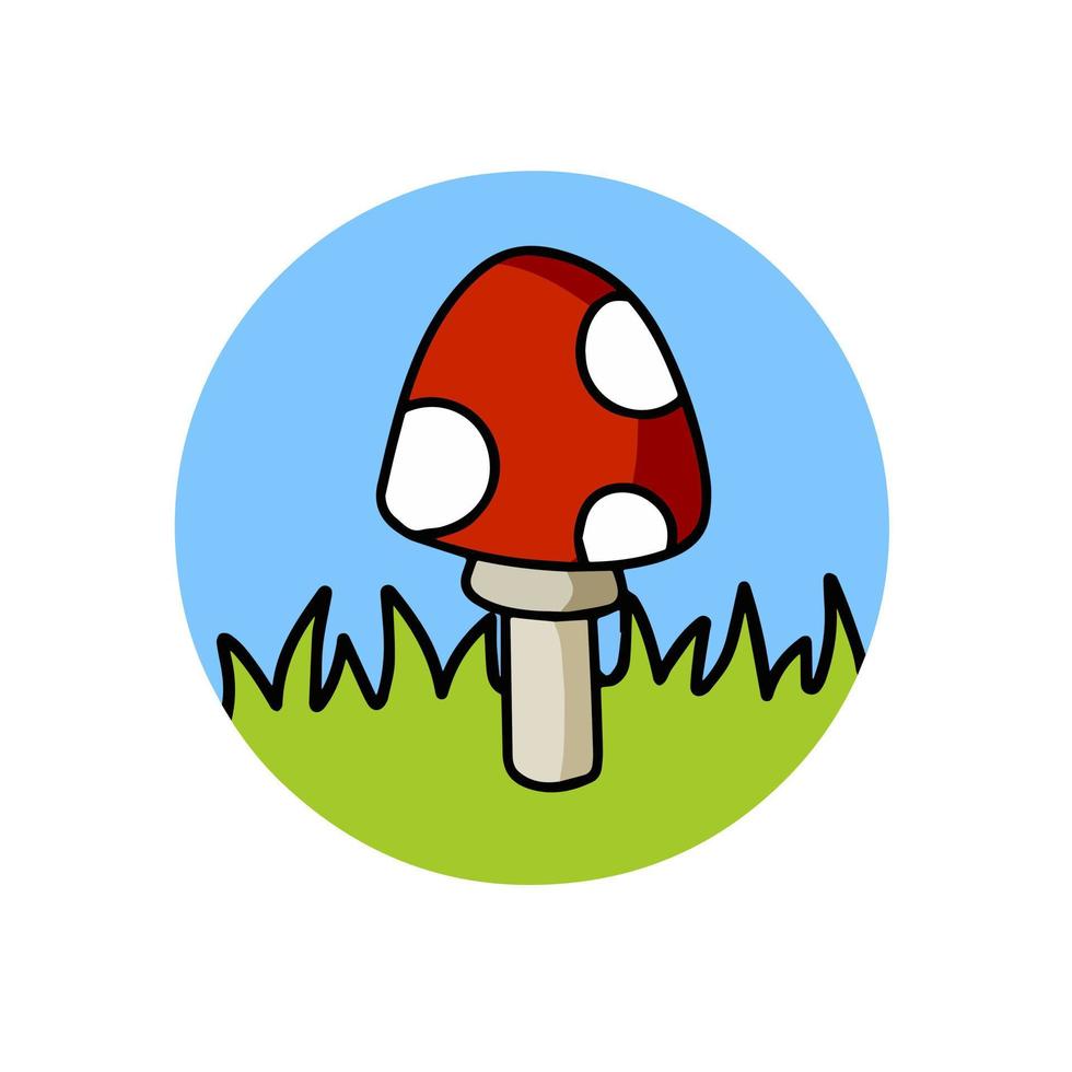 Mushroom logo in a circle with red cap. Fly agaric on the green grass. Natural scenery. vector