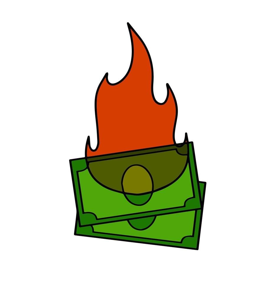 Burning dollar. Green money on fire. Failed business and economic crisis. Loss and inflation. Cartoon flat illustration vector