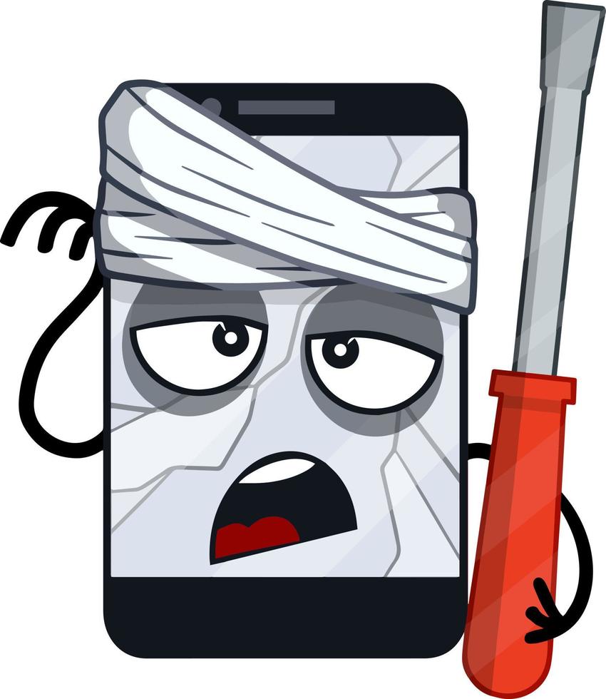 Mobile phone with a medical bandage on his head. Needs repair. Sad sick face on the monitor. Mechanical screwdriver for service. Virus and bug. Cartoon funny illustration vector