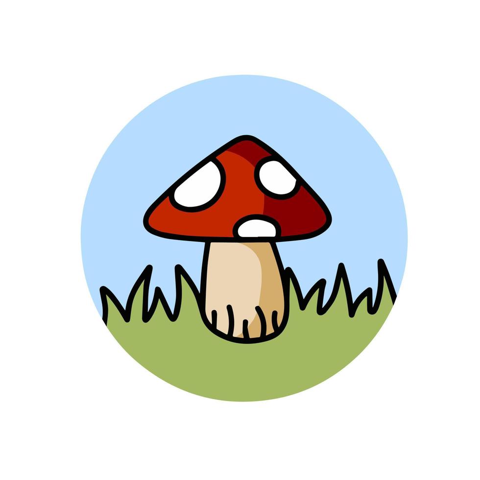 Mushroom logo in a circle with red cap. Fly agaric on the green grass. Natural scenery. vector