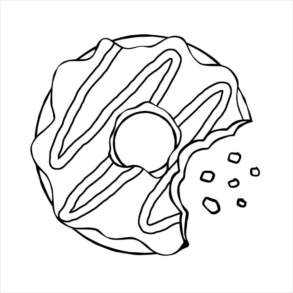 Donut with glaze. Bitten Sweet sugar dessert with icing. Outline cartoon illustration isolated on white background vector