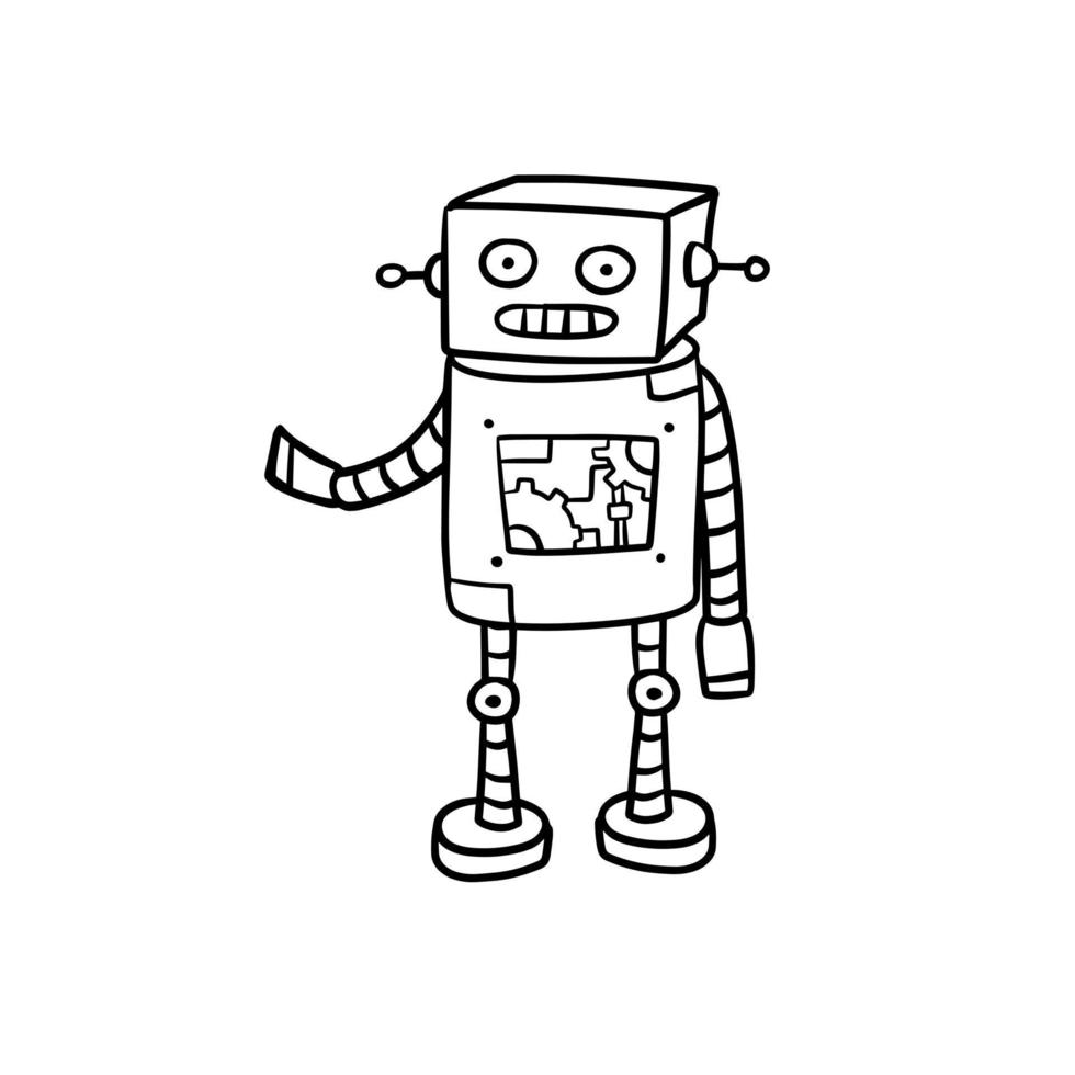 robot. personaje de garabato. hombre de la computadora de metal. niños divertidos dibujando. mecanismo amistoso. vector
