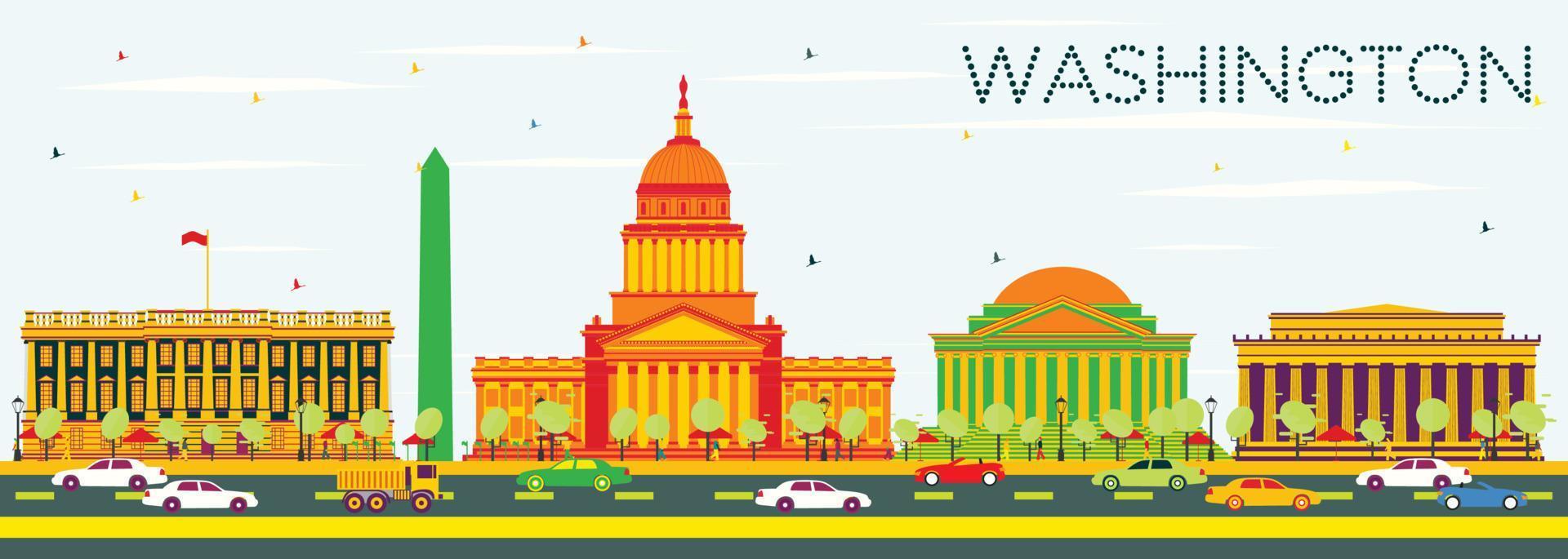 Washington DC Skyline with Color Buildings and Blue Sky. vector