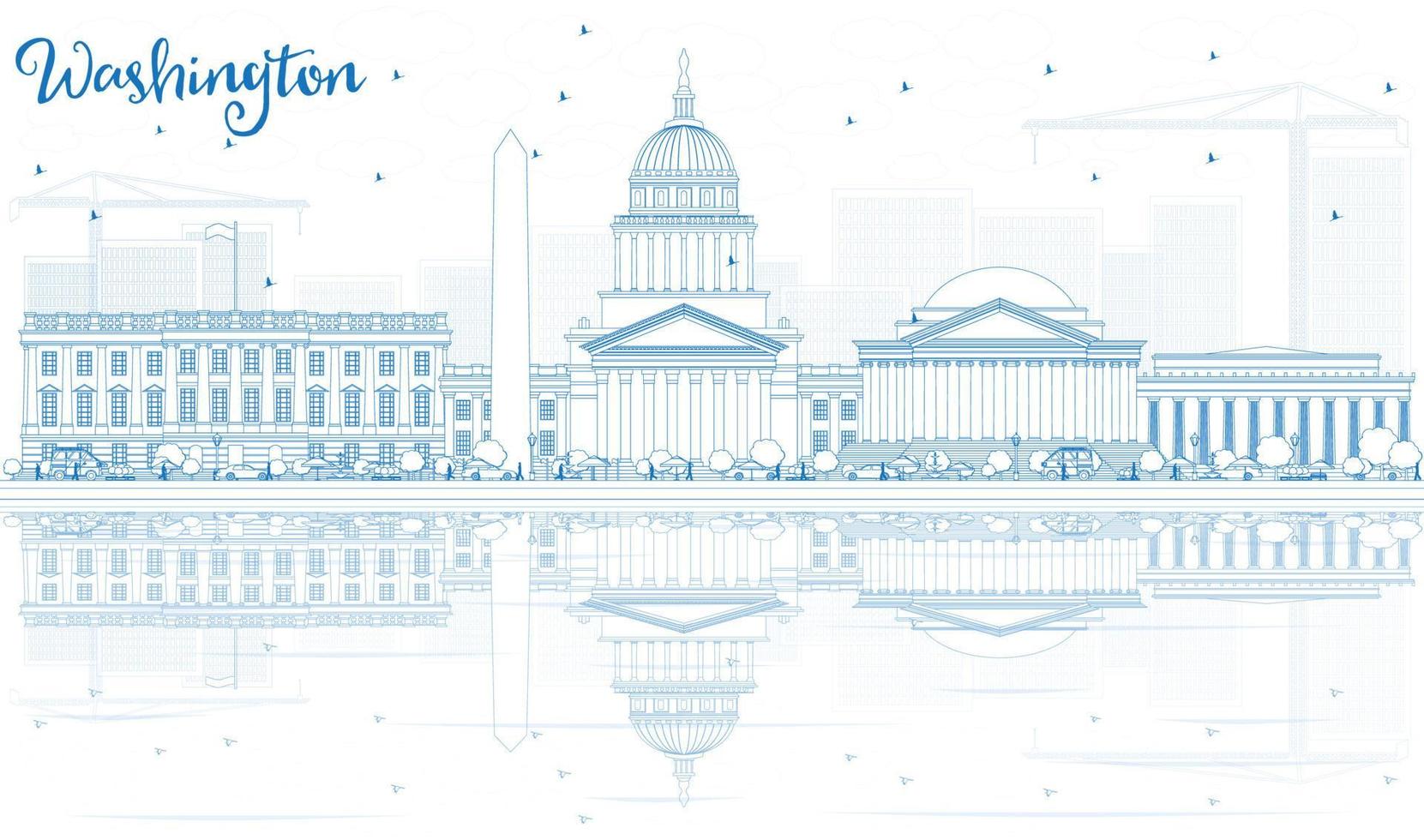 Outline Washington DC Skyline with Blue Buildings and Reflections. vector