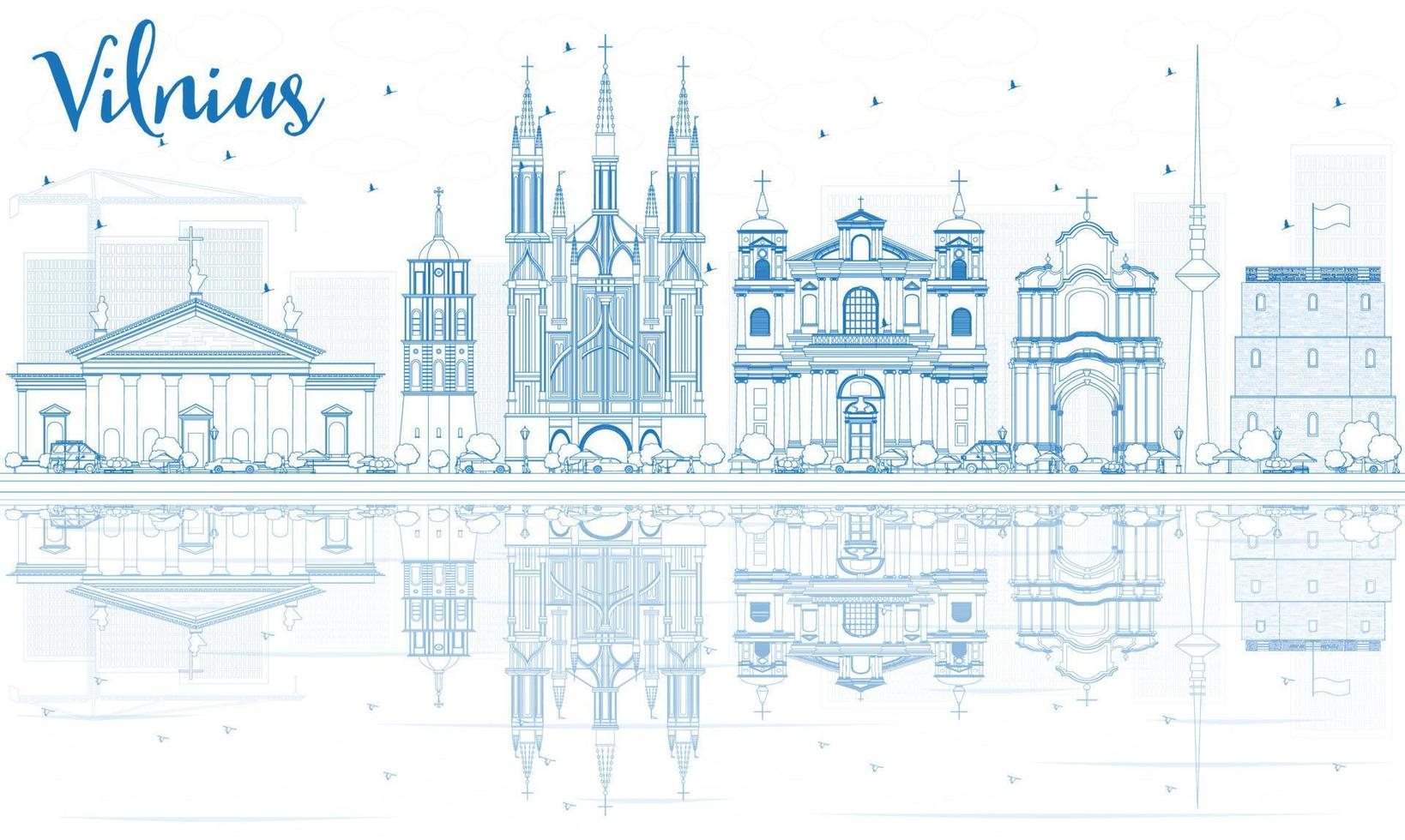 delinear el horizonte de vilnius con puntos de referencia azules y reflejos. vector