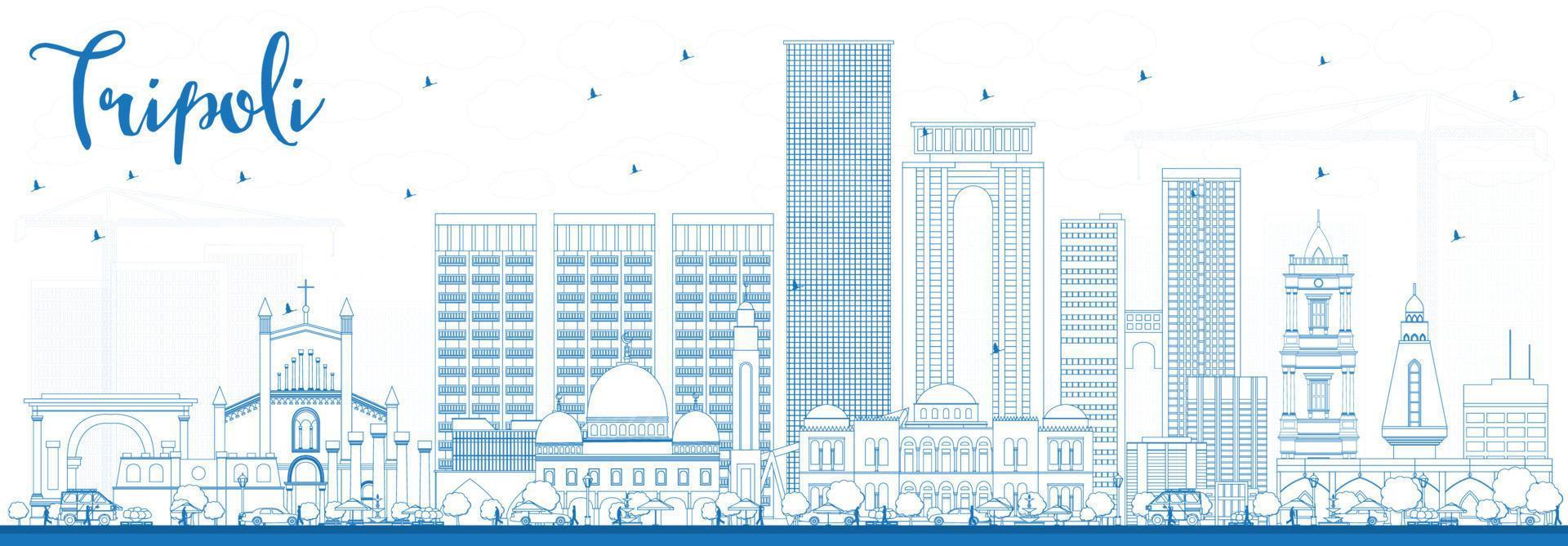 Outline Tripoli Skyline with Blue Buildings. vector