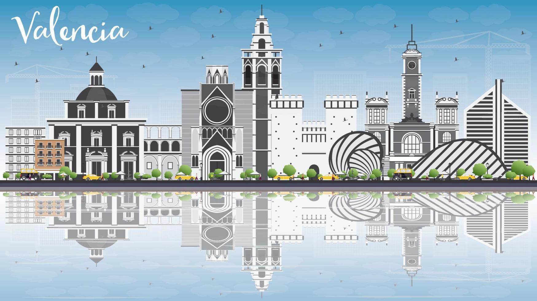 Valencia Skyline with Gray Buildings, Blue Sky and Reflections. vector