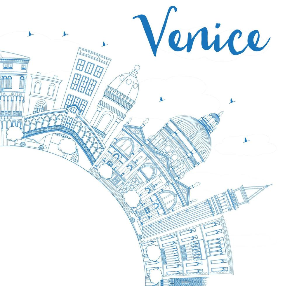 delinear la silueta del horizonte de Venecia con edificios azules. vector