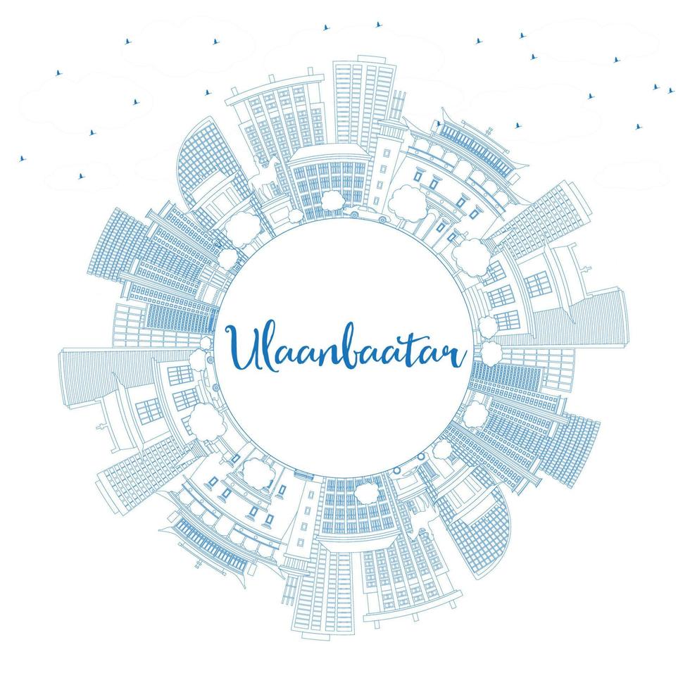 Outline Ulaanbaatar Skyline with Blue Buildings and Copy Space. vector