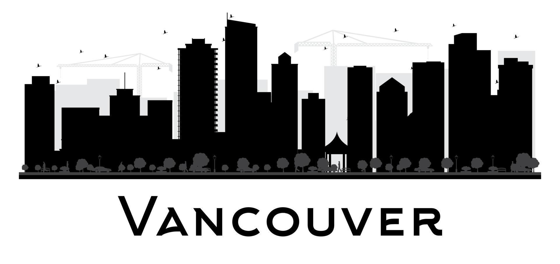 Silueta en blanco y negro del horizonte de la ciudad de Vancouver. vector