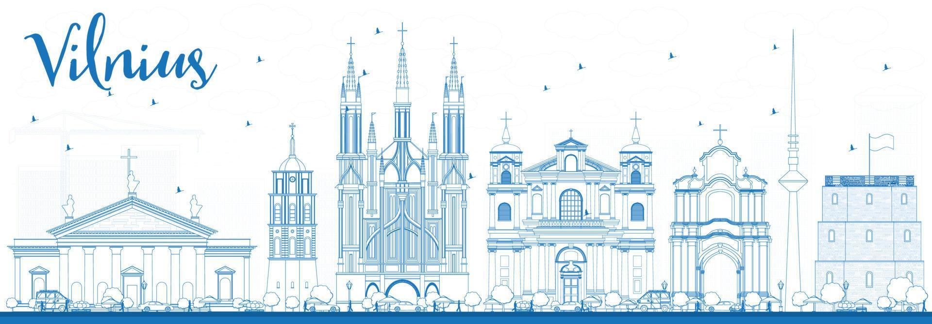 esbozar el horizonte de vilnius con puntos de referencia azules. vector