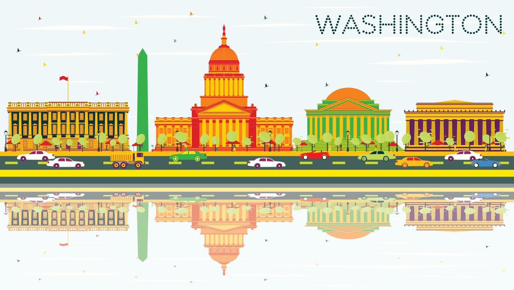 Washington DC Skyline with Color Buildings, Blue Sky and Reflections. vector
