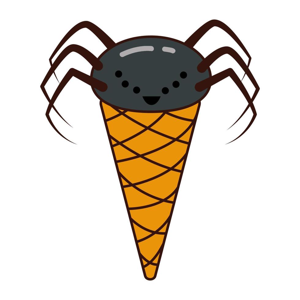 Ice cream with spider. Halloween candy. Cute spider in a waffle cone. vector