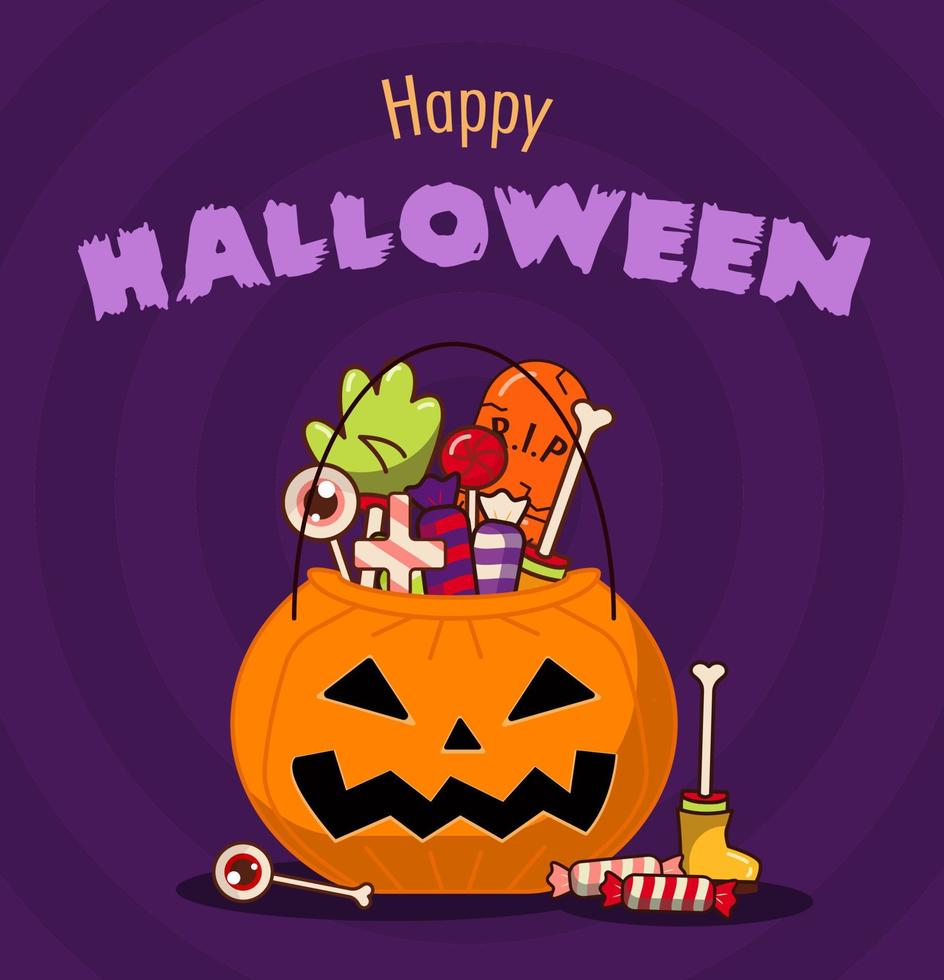 Halloween candy container in the shape of a pumpkin. Orange pumpkin with cut out mouth and eyes filled with candy. vector